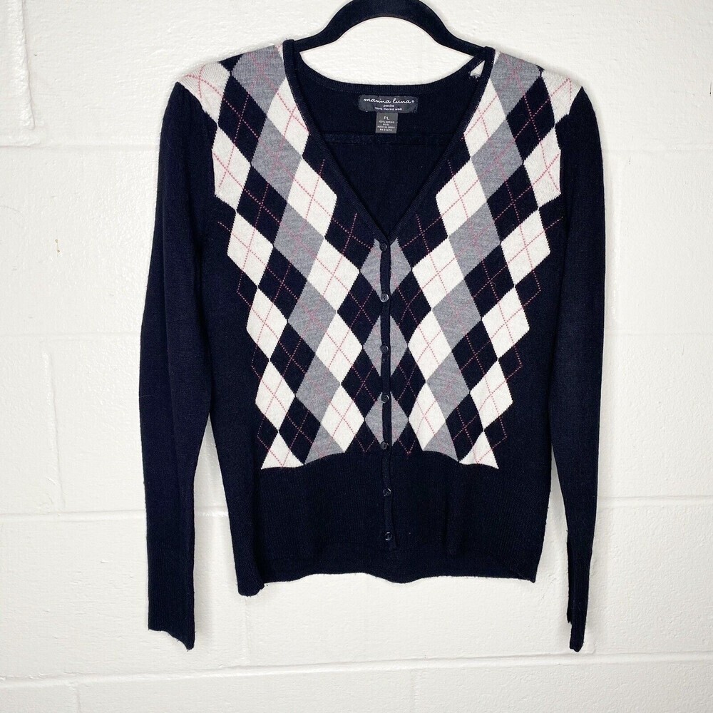 Marina Luna 100% Merino Womens Black Argyle Cardigan Sweater SZ PL